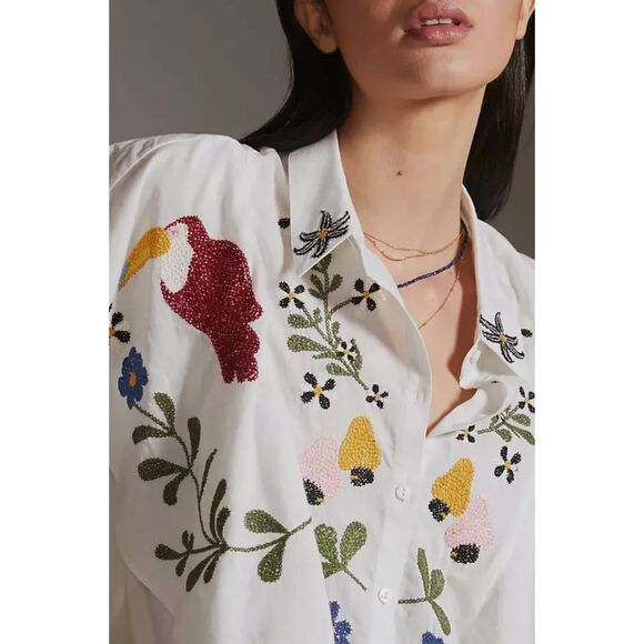 Anthropologie x Farm Rio Embroidered Toucans Birds Tropics Blouse - Size XS - Picture 3 of 10